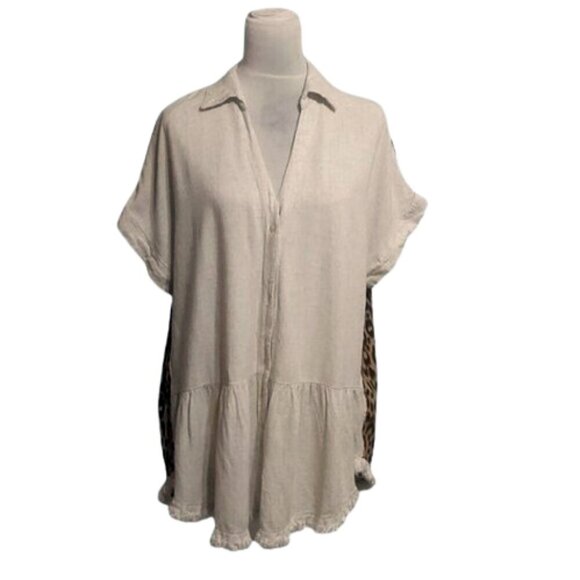 Umgee Linen Blend Button Up Fringe Tunic in Leopard Print & Oatmeal - Picture 1 of 6